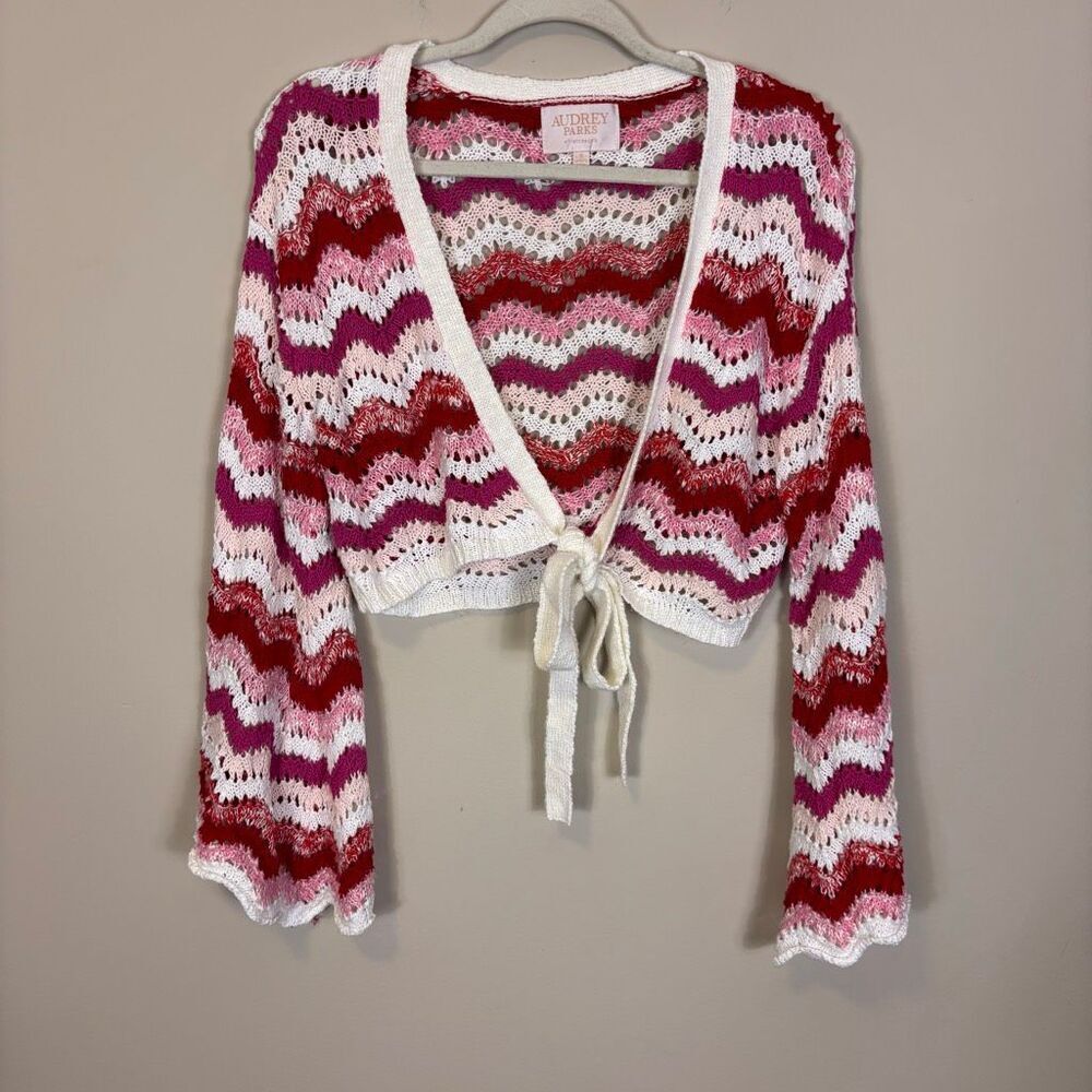 Audrey Parks x Francesca’s Pink & White Knit Tie Front Bell Sleeve Sweater Small